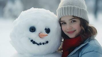 Smiling young woman with snowman on white Christmas in winter snow photo