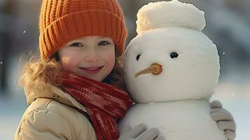 Smiling young woman with snowman on white Christmas in winter snow photo