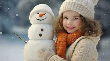 sonriente joven mujer con monigote de nieve en blanco Navidad en invierno nieve foto