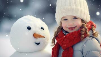 Smiling young woman with snowman on white Christmas in winter snow photo