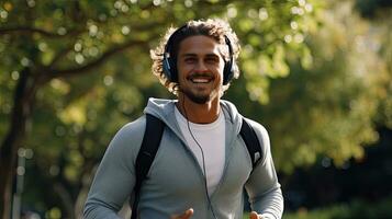 joven barbado hombre felizmente carreras en el parque con auriculares en un bonito verano día. foto