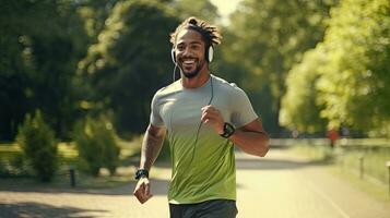 Young bearded man happily runs in the park with headphones on a nice summer day. photo