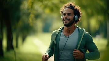 Young bearded man happily runs in the park with headphones on a nice summer day. photo