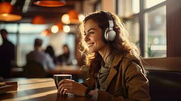 Smiling woman listening to music through wireless headphones and playing on tablet sitting in a coffee shop photo