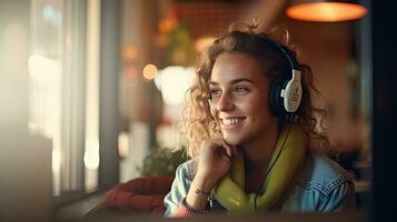 Smiling woman listening to music through wireless headphones and playing on tablet sitting in a coffee shop photo