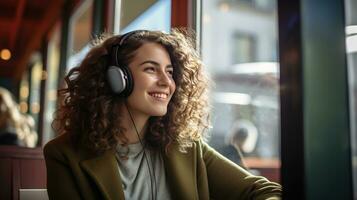 Smiling woman listening to music through wireless headphones and playing on tablet sitting in a coffee shop photo