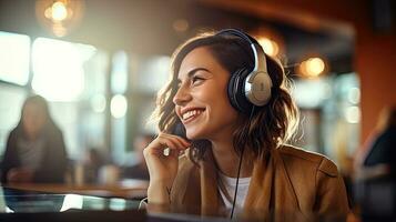 Smiling woman listening to music through wireless headphones and playing on tablet sitting in a coffee shop photo