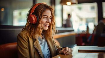Smiling woman listening to music through wireless headphones and playing on tablet sitting in a coffee shop photo