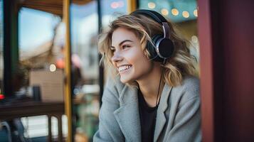 Smiling woman listening to music through wireless headphones and playing on tablet sitting in a coffee shop photo