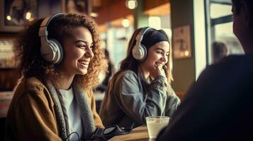Smiling woman listening to music through wireless headphones and playing on tablet sitting in a coffee shop photo