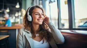 Smiling woman listening to music through wireless headphones and playing on tablet sitting in a coffee shop photo