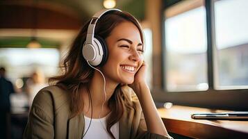 Smiling woman listening to music through wireless headphones and playing on tablet sitting in a coffee shop photo