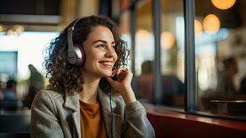 Smiling woman listening to music through wireless headphones and playing on tablet sitting in a coffee shop photo