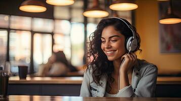 Smiling woman listening to music through wireless headphones and playing on tablet sitting in a coffee shop photo