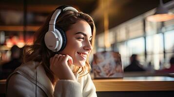 Smiling woman listening to music through wireless headphones and playing on tablet sitting in a coffee shop photo