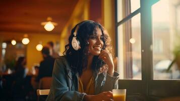 Smiling woman listening to music through wireless headphones and playing on tablet sitting in a coffee shop photo