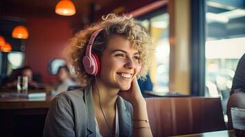 Smiling woman listening to music through wireless headphones and playing on tablet sitting in a coffee shop photo