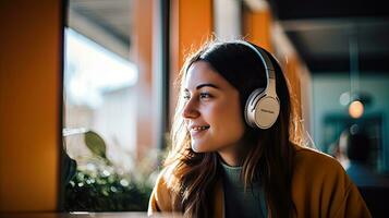 Smiling woman listening to music through wireless headphones and playing on tablet sitting in a coffee shop photo