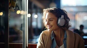 Smiling woman listening to music through wireless headphones and playing on tablet sitting in a coffee shop photo
