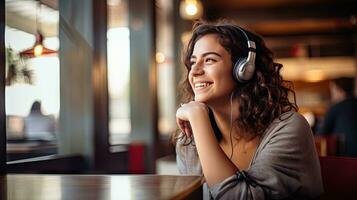 Smiling woman listening to music through wireless headphones and playing on tablet sitting in a coffee shop photo