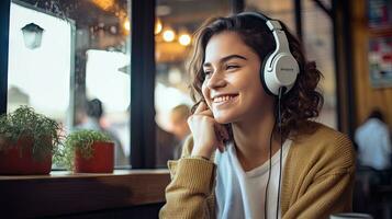 Smiling woman listening to music through wireless headphones and playing on tablet sitting in a coffee shop photo