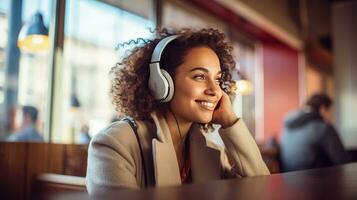 Smiling woman listening to music through wireless headphones and playing on tablet sitting in a coffee shop photo