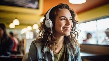 Smiling woman listening to music through wireless headphones and playing on tablet sitting in a coffee shop photo