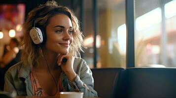 Smiling woman listening to music through wireless headphones and playing on tablet sitting in a coffee shop photo