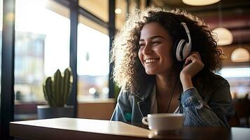 Smiling woman listening to music through wireless headphones and playing on tablet sitting in a coffee shop photo