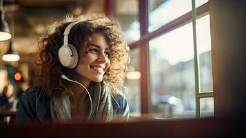Smiling woman listening to music through wireless headphones and playing on tablet sitting in a coffee shop photo