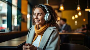 Smiling woman listening to music through wireless headphones and playing on tablet sitting in a coffee shop photo