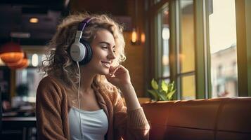 Smiling woman listening to music through wireless headphones and playing on tablet sitting in a coffee shop photo