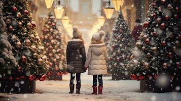 Two young girls standing on the Christmas street looking at the Christmas tree covered with snow photo