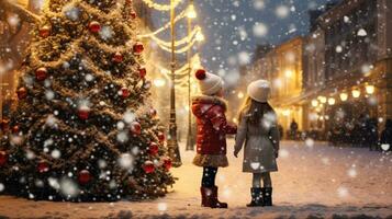 dos joven muchachas en pie en el Navidad calle mirando a el Navidad árbol cubierto con nieve foto