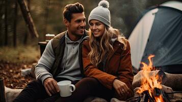 Young couple having a picnic sitting near a campfire and tent Drink coffee in the pine forest photo