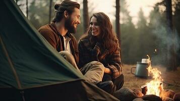 Young couple having a picnic sitting near a campfire and tent Drink coffee in the pine forest photo