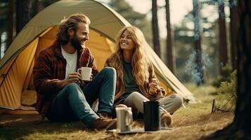 Young couple having a picnic sitting near a campfire and tent Drink coffee in the pine forest photo