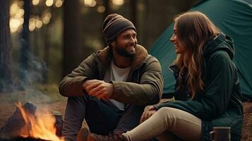 Young couple having a picnic sitting near a campfire and tent Drink coffee in the pine forest photo