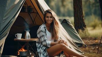 Young couple having a picnic sitting near a campfire and tent Drink coffee in the pine forest photo