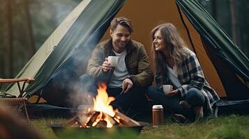 Young couple having a picnic sitting near a campfire and tent Drink coffee in the pine forest photo