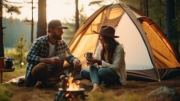 Young couple having a picnic sitting near a campfire and tent Drink coffee in the pine forest photo