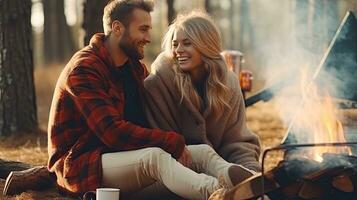Young couple having a picnic sitting near a campfire and tent Drink coffee in the pine forest photo