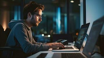 Young male software developer writes a program while working in the office. photo
