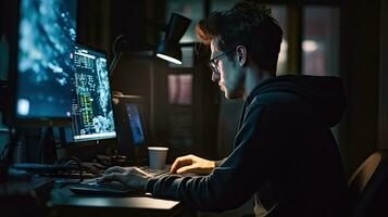 Young male software developer writes a program while working in the office. photo