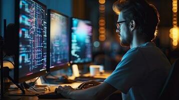 Young male software developer writes a program while working in the office. photo