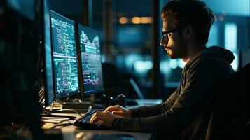 Young male software developer writes a program while working in the office. photo