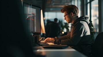 Young male software developer writes a program while working in the office. photo