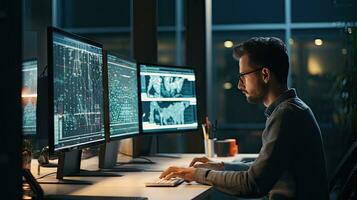 Young male software developer writes a program while working in the office. photo