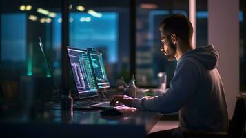 joven masculino software desarrollador escribe un programa mientras trabajando en el oficina. foto