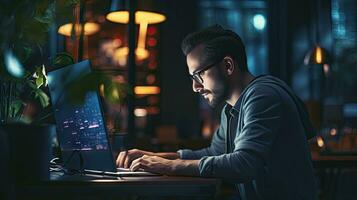 joven masculino software desarrollador escribe un programa mientras trabajando en el oficina. foto